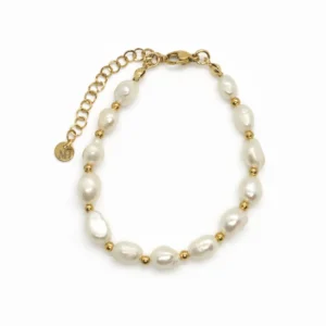 צמיד עדי עשוי פנינה תרבותית וכדורי סטיינלס סטיל מצופה זהב 18K