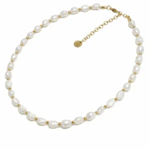 שרשרת עדי עשויה פנינה תרבותית וכדורי סטיינלס סטיל מצופה זהב 18K