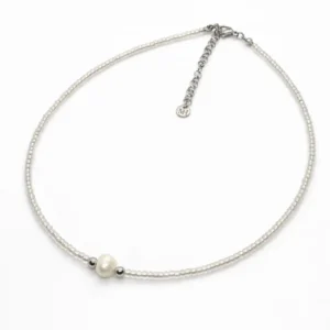 שרשרת שירה עשויה סטיינלס סטיל עם פנינה תרבותית - צבע כסף