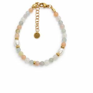 צמיד שוהם עשויי סטיינלס סטיל ,פנינה תרבותית ואבני ג'ייד - צבע זהב