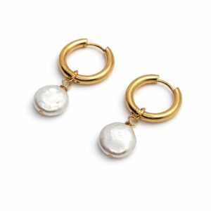 עגילי עדן עשויים סטיינלס סטיל בציפוי זהב 18K ופנינה תרבותית